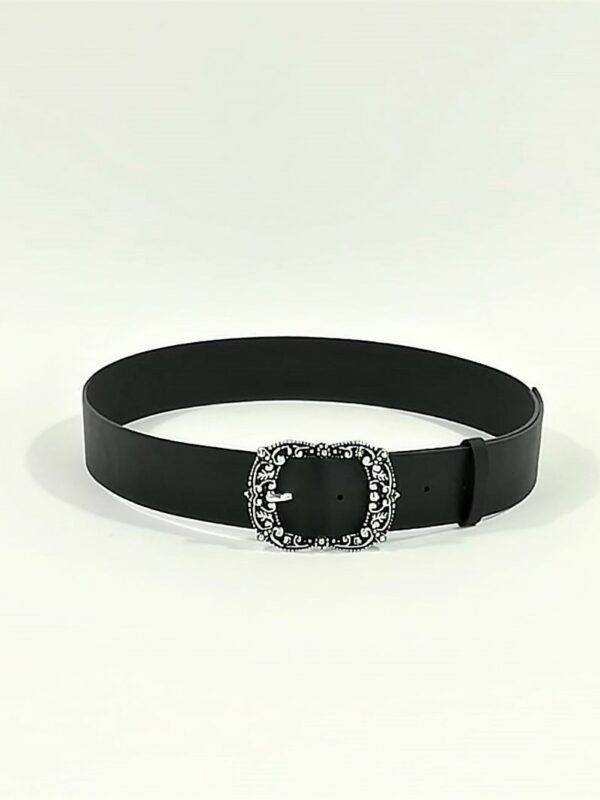 Curea piele sintetica neagra cu catarama metalica flori antic silver 4 cm