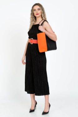 Geanta piele naturala neagra si stofa portocalie